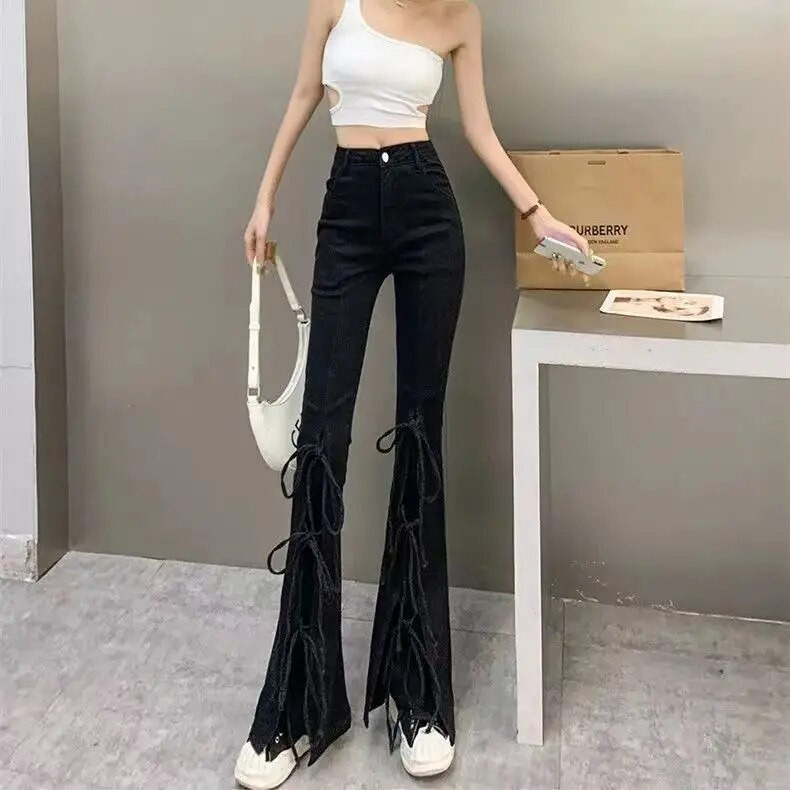 Sügises uus stiil lõhikuga paeltega naiste mikro-flare püksid moodsad naised Ameerika retro õhukesed trenditeksad