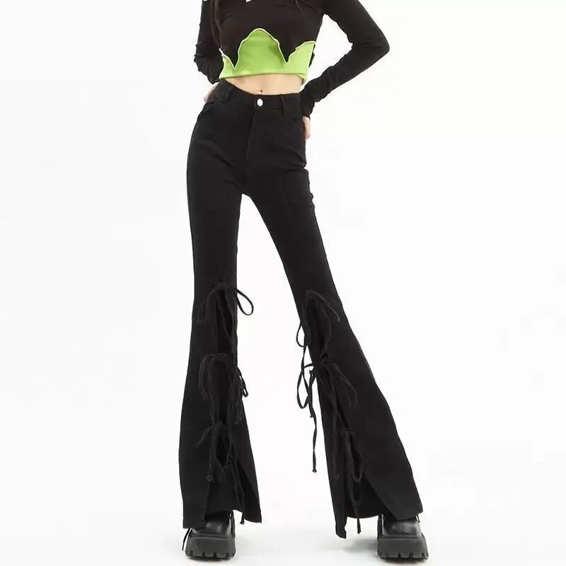 Sügises uus stiil lõhikuga paeltega naiste mikro-flare püksid moodsad naised Ameerika retro õhukesed trenditeksad