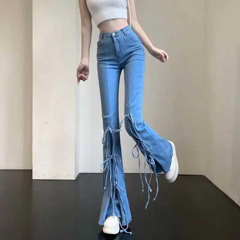 Sügises uus stiil lõhikuga paeltega naiste mikro-flare püksid moodsad naised Ameerika retro õhukesed trenditeksad