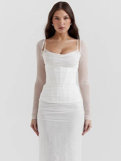 JULISSA MO ar garām piedurknēm tīklveida mežģīņu divslāņu sieviešu seksīga, masīva midi kleita dāmām rudens ballītēm, kluba apģērba gara kleita