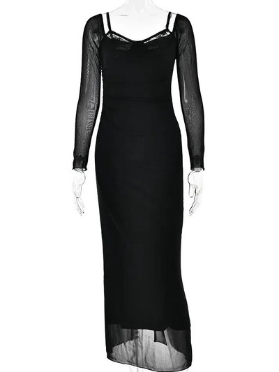 JULISSA MO ar garām piedurknēm tīklveida mežģīņu divslāņu sieviešu seksīga, masīva midi kleita dāmām rudens ballītēm, kluba apģērba gara kleita