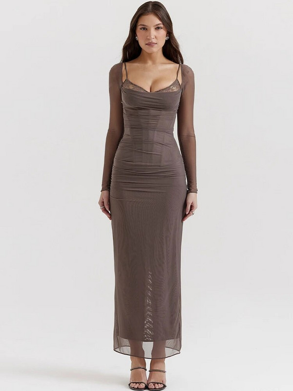 JULISSA MO ar garām piedurknēm tīklveida mežģīņu divslāņu sieviešu seksīga, masīva midi kleita dāmām rudens ballītēm, kluba apģērba gara kleita