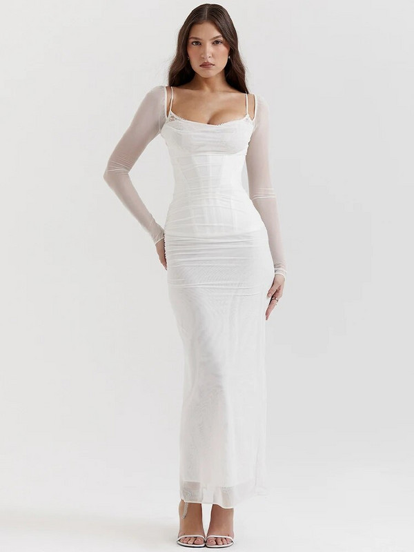 JULISSA MO ar garām piedurknēm tīklveida mežģīņu divslāņu sieviešu seksīga, masīva midi kleita dāmām rudens ballītēm, kluba apģērba gara kleita