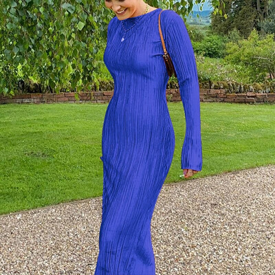 Ženska midi haljina, elegantni uzrez, jednobojni O izrez, široki rukavi, duge ljetne haljine Y2K Party Club večernje duge haljine