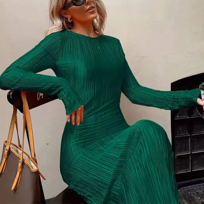 Ženska midi haljina, elegantni uzrez, jednobojni O izrez, široki rukavi, duge ljetne haljine Y2K Party Club večernje duge haljine