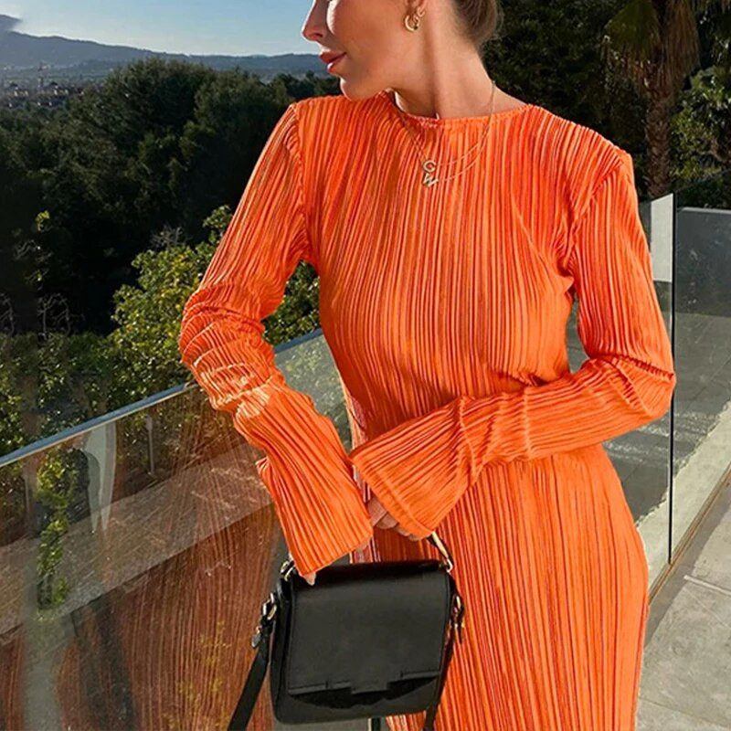 Ženska midi haljina, elegantni uzrez, jednobojni O izrez, široki rukavi, duge ljetne haljine Y2K Party Club večernje duge haljine