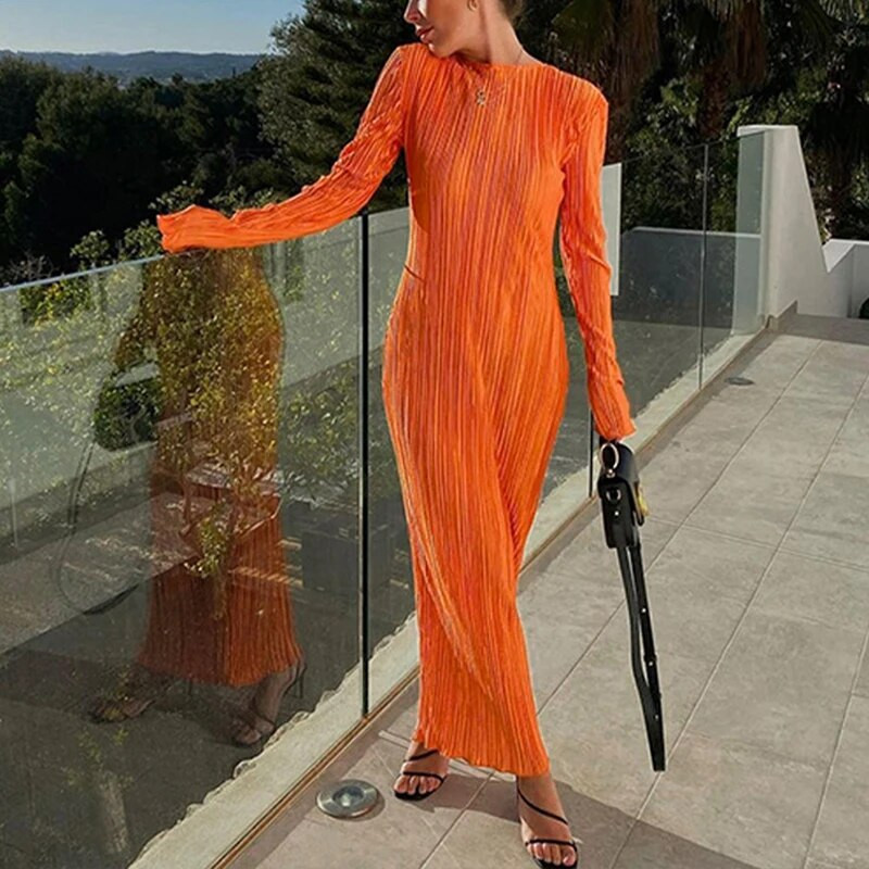 Ženska midi haljina, elegantni uzrez, jednobojni O izrez, široki rukavi, duge ljetne haljine Y2K Party Club večernje duge haljine