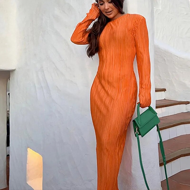 Ženska midi haljina, elegantni uzrez, jednobojni O izrez, široki rukavi, duge ljetne haljine Y2K Party Club večernje duge haljine