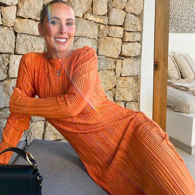 Ženska midi haljina, elegantni uzrez, jednobojni O izrez, široki rukavi, duge ljetne haljine Y2K Party Club večernje duge haljine