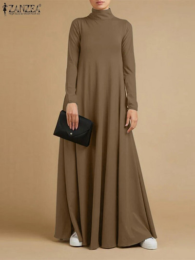 ZANZEA Opuštena modna ženska dolčevita Maxi duga haljina dugih rukava Elegantna jednobojna ležerna haljina sarafana Femme Kaftan Vestido za zabavu