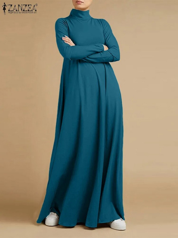 ZANZEA Opuštena modna ženska dolčevita Maxi duga haljina dugih rukava Elegantna jednobojna ležerna haljina sarafana Femme Kaftan Vestido za zabavu