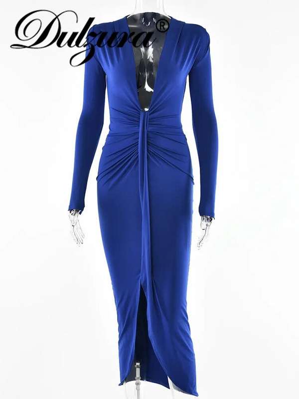 Dulzura 2022 Naiste Ruched Ebaregulaarsed seksikad Y2K riided, pikkade varrukatega V-kaelusega küljepilu Bodycon Midi kleit, klubi pidulik sünnipäev