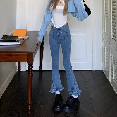 Harajuku Y2K Sweet Ruffles Džinsai Moteriškos Vintažinės Gotikinės Prašmatnios Aukšto Liemens Plonas Flare Kelnės Korėjietiškos mados Naujo dizaino džinsinės kelnės