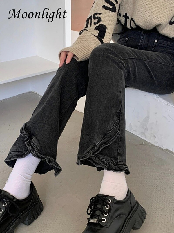 Harajuku Y2K Sweet Ruffles Džinsai Moteriškos Vintažinės Gotikinės Prašmatnios Aukšto Liemens Plonas Flare Kelnės Korėjietiškos mados Naujo dizaino džinsinės kelnės