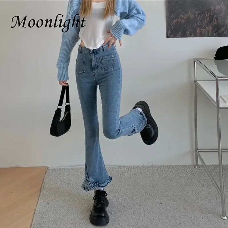 Harajuku Y2K Sweet Ruffles Džinsai Moteriškos Vintažinės Gotikinės Prašmatnios Aukšto Liemens Plonas Flare Kelnės Korėjietiškos mados Naujo dizaino džinsinės kelnės