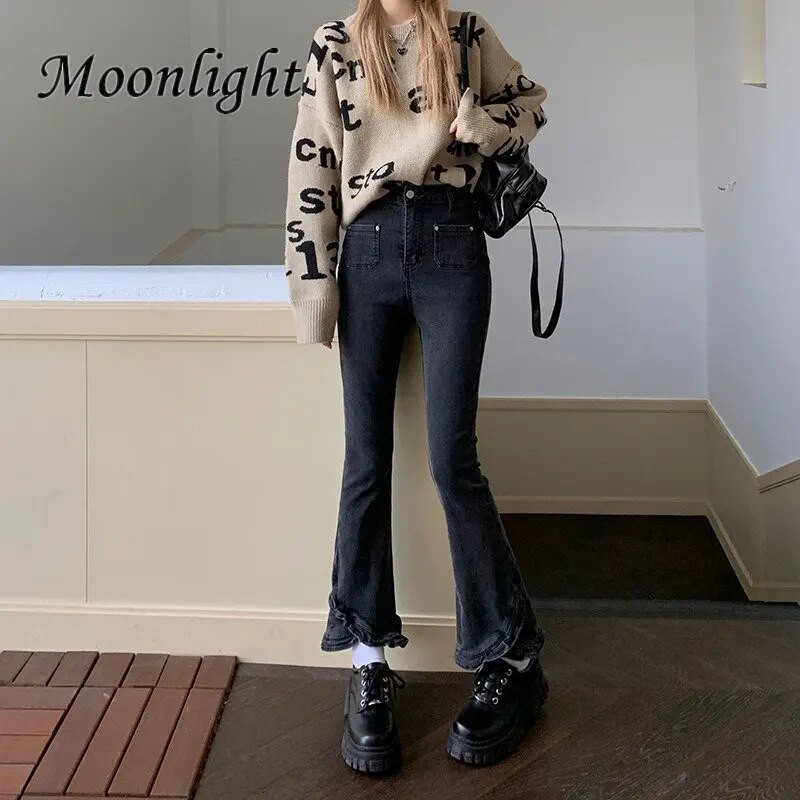 Harajuku Y2K Sweet Ruffles Džinsai Moteriškos Vintažinės Gotikinės Prašmatnios Aukšto Liemens Plonas Flare Kelnės Korėjietiškos mados Naujo dizaino džinsinės kelnės