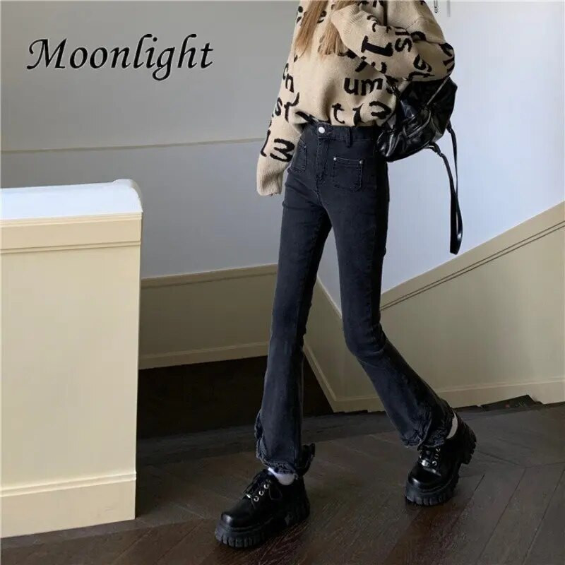 Harajuku Y2K Sweet Ruffles Džinsai Moteriškos Vintažinės Gotikinės Prašmatnios Aukšto Liemens Plonas Flare Kelnės Korėjietiškos mados Naujo dizaino džinsinės kelnės