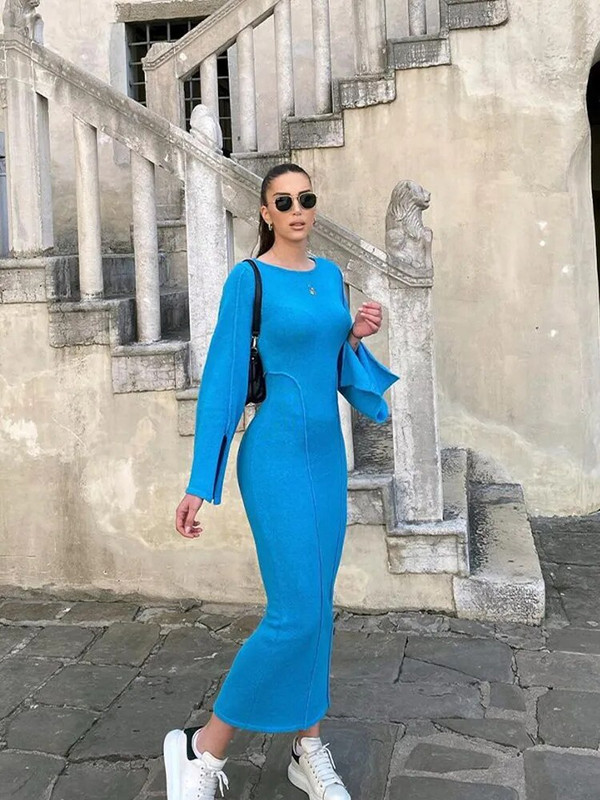 Trikotāžas liela izmēra kleita ar uzplaiksnām piedurknēm sievietēm Eleganta, raibs gabals, sieviešu garas kleitas ar šķeltu kakla izgriezumu Modes, somas, gurnu komplekts Sieviešu plāns halāts