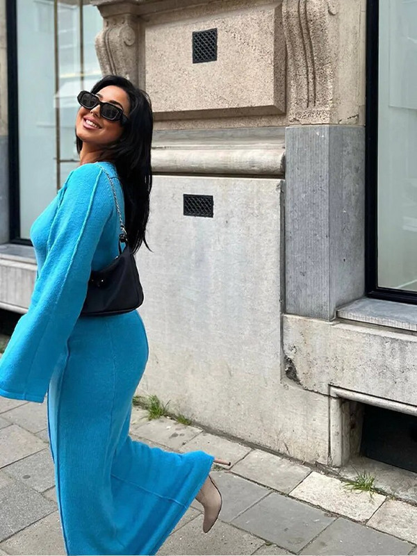 Trikotāžas liela izmēra kleita ar uzplaiksnām piedurknēm sievietēm Eleganta, raibs gabals, sieviešu garas kleitas ar šķeltu kakla izgriezumu Modes, somas, gurnu komplekts Sieviešu plāns halāts