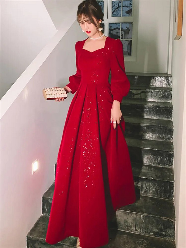 Temperamentne kleit naiste ühevärviline kevadsügis uus kandiline krae Pikkade varrukatega A-line pikk seelik Moodne naiste riietus 245