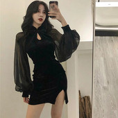 Sügisene naiste Cheongsam Qipao kleit, sametine küljelt lõhestatud laternaga varrukas Slim Fit pikkade varrukatega kleit Mandariini kraega minikleit