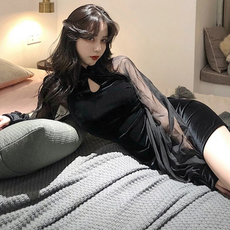 Sügisene naiste Cheongsam Qipao kleit, sametine küljelt lõhestatud laternaga varrukas Slim Fit pikkade varrukatega kleit Mandariini kraega minikleit