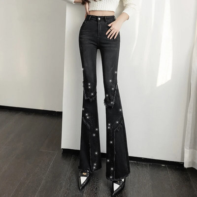 Luksuslikud Rhinestones Flare teksad naistele 2023 Must kitsas vintage tutt Patchwork Saapalõikega teksapüksid Mujer mood püksid