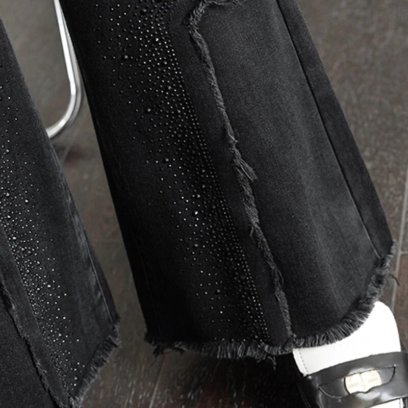 Luksuslikud Rhinestones Flare teksad naistele 2023 Must kitsas vintage tutt Patchwork Saapalõikega teksapüksid Mujer mood püksid