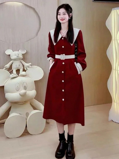 Velvetist talv sügis, uus pikkade varrukatega vana kleit, toapealne krae Korea moodne pluus Kleit Naiste vabaaja kleidid riided