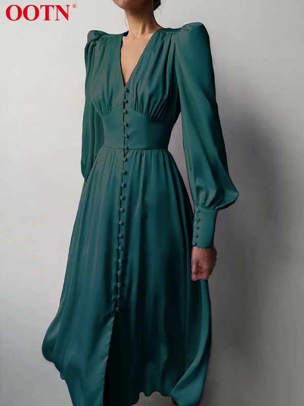 OOTN valge üherealine elegantne kleit naistele peokleit kõrge vöökohaga satiinist pikk kleit šikk Midi kleidid, latern varrukas 2022