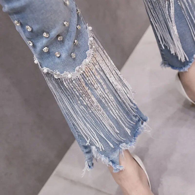 Traperice teške industrije s resicama Ženske proljeće i ljeto Nove lepršave hlače Ženske uske hlače visokog struka Capri s perlama za nokte s resicama