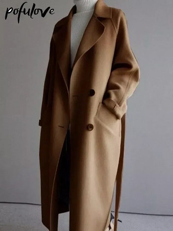 Бежово вълнено яке Дамско есенно зимно ежедневни дълги палта с ревер Дамско елегантно ретро корейско модно свободно палто с големи размери