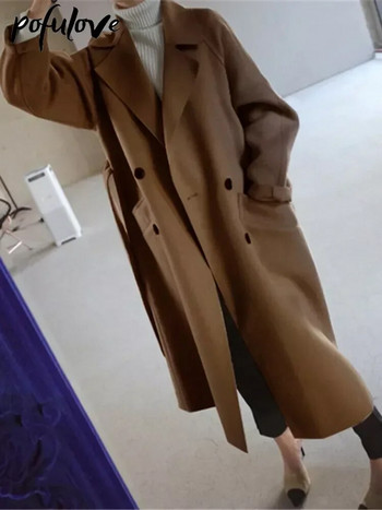 Бежово вълнено яке Дамско есенно зимно ежедневни дълги палта с ревер Дамско елегантно ретро корейско модно свободно палто с големи размери