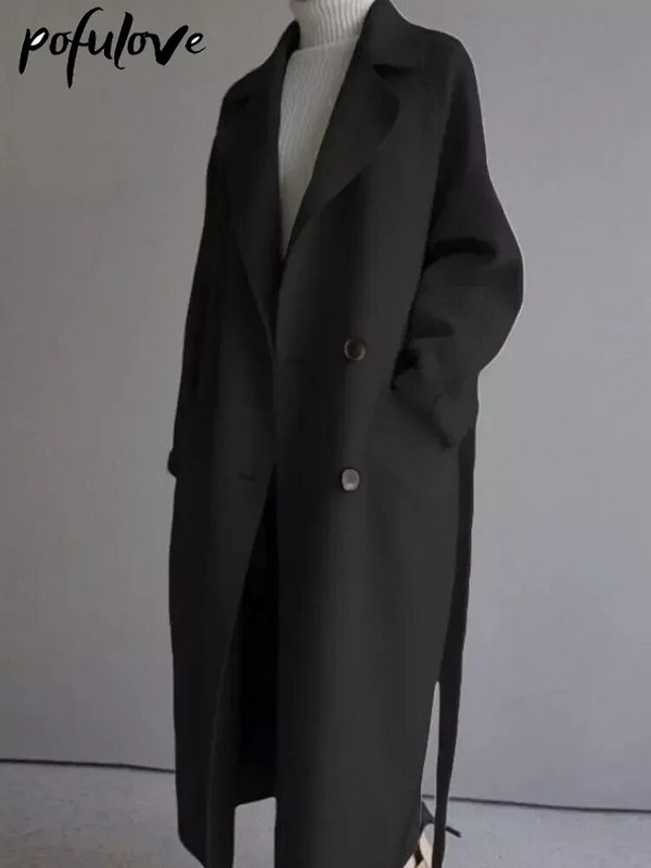 Bež vunena jakna Ženska jesen zima Ležerni dugi kaputi na rever Ženski elegantni vintage korejski modni široki preveliki kaput