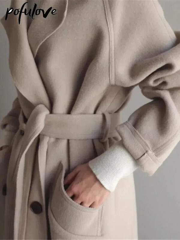 Bež vunena jakna Ženska jesen zima Ležerni dugi kaputi na rever Ženski elegantni vintage korejski modni široki preveliki kaput