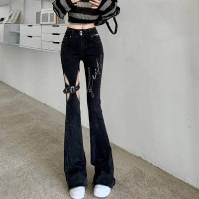 Moodsad õõnsad kõrge vöökohaga teksad naistele 2023. aasta kevadsuvi seksikad õhukesed püksid vabaaja tänavarõivaste prindiga mustad rebenenud teksad