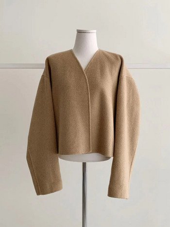 Clothland Women Κομψό μάλλινο μπουφάν ανοιχτής βελονιάς Μακρυμάνικο V λαιμόκοψη Φθινοπωρινό casual μπουφάν CA319