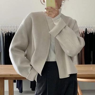 Clothland naiste elegantne lahtise õmblusega villane jope pikkade varrukatega V-kaelusega klassikalises stiilis sügisene vabaaja jope CA319