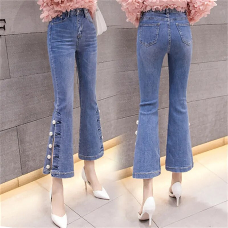 2020. aasta kevadsuvi, naiste teksapüksid, uus mood, kõrge vöökohaga pärlid, helmestega õhukesed venivad lõhestatud teksad Trompetipüksid S-XXL AH231