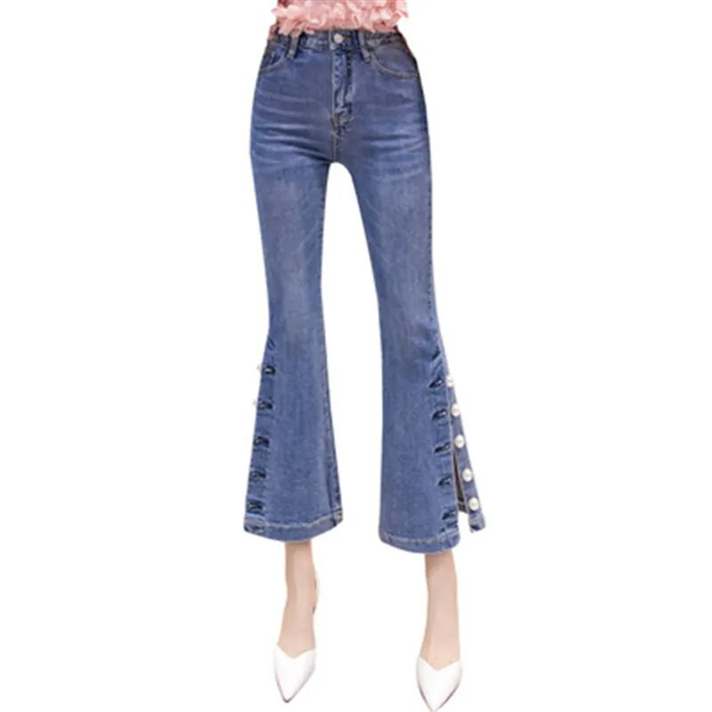 2020. aasta kevadsuvi, naiste teksapüksid, uus mood, kõrge vöökohaga pärlid, helmestega õhukesed venivad lõhestatud teksad Trompetipüksid S-XXL AH231