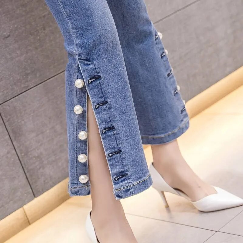 2020. aasta kevadsuvi, naiste teksapüksid, uus mood, kõrge vöökohaga pärlid, helmestega õhukesed venivad lõhestatud teksad Trompetipüksid S-XXL AH231