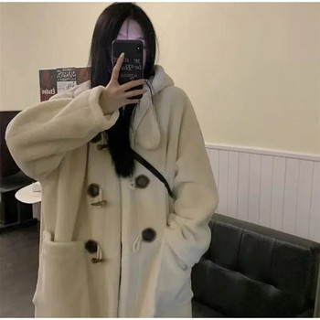 Faux μάλλινο μακρύ παλτό Γυναικείο μακρυμάνικο με κουκούλα μεγάλη τσέπη 2023 Φθινόπωρο Χειμώνας Πύκνωση Ζεστά φαρδιά γυναικεία μπουφάν