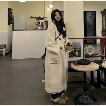 Дълго палто от изкуствена вълна Дамски качулки с дълъг ръкав и големи джобове Горно облекло 2023 Есен Зима Удебелени Топли свободни дамски якета