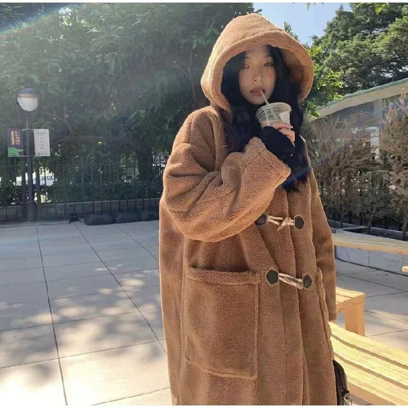 Mākslīgās vilnas garais mētelis sieviešu garām piedurknēm, lielām kabatas kapucēm, virsdrēbēm 2023. gada rudens ziemas biezums, siltas brīvas sieviešu jakas