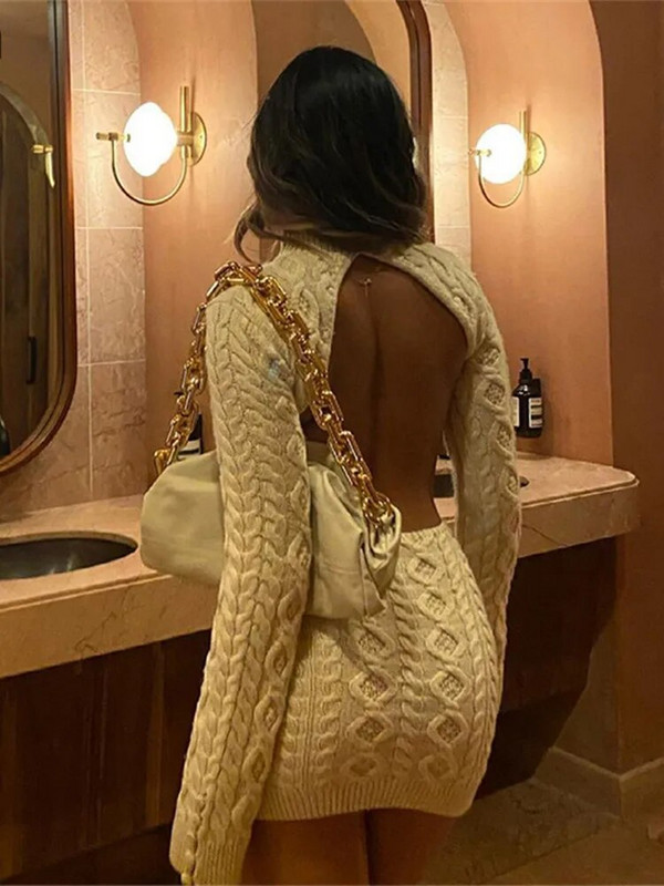 KLALIEN Soliidne pikkade varrukatega kilpkonnakaelusega kampsun, naiste 2023. aasta sügisene soe tänavariietus, õhukesed venivad seljata Bodyconi minikleidid