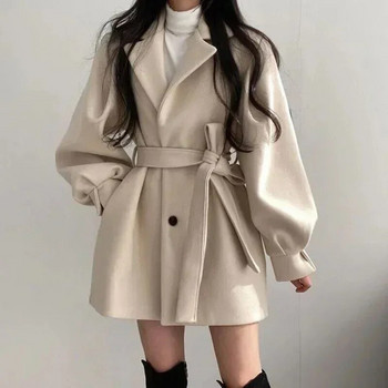 2023 Есен Зима Елегантно палто Дамско ежедневно топло яке със средна дължина Тънко чистоцветно офис дамско облекло Корейски моден шик