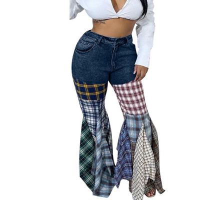 Tänavarõivad, mood naiste lainelised teksad, 2023. aasta kõrge vöökohaga ruuduline trükk, lapiline volang, vabaaja teksapüksid, põhjaga teksad