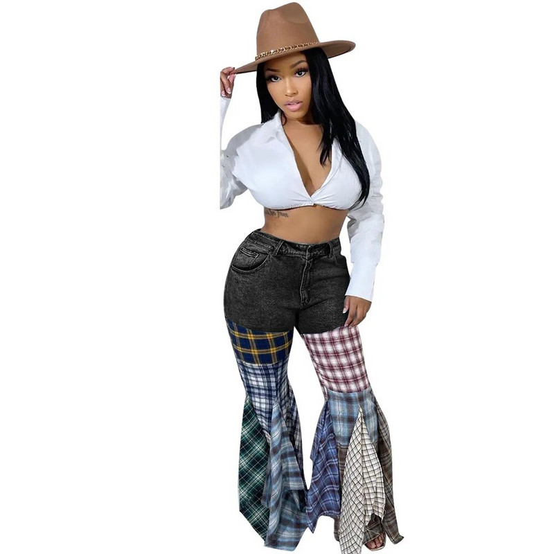 Tänavarõivad, mood naiste lainelised teksad, 2023. aasta kõrge vöökohaga ruuduline trükk, lapiline volang, vabaaja teksapüksid, põhjaga teksad