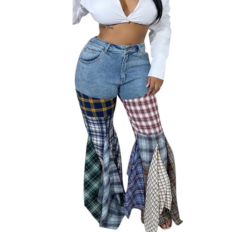 Tänavarõivad, mood naiste lainelised teksad, 2023. aasta kõrge vöökohaga ruuduline trükk, lapiline volang, vabaaja teksapüksid, põhjaga teksad