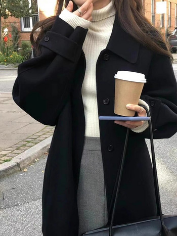 Μαύρο κοντό κορεάτικο μάλλινο γυναικείο μπουφάν φθινοπώρου 2023 Κουμπί Χαλαρό casual παλτό High Street Γυναικείο μόδα Κορεάτικο σακάκι καμπαρντίνας Y2k